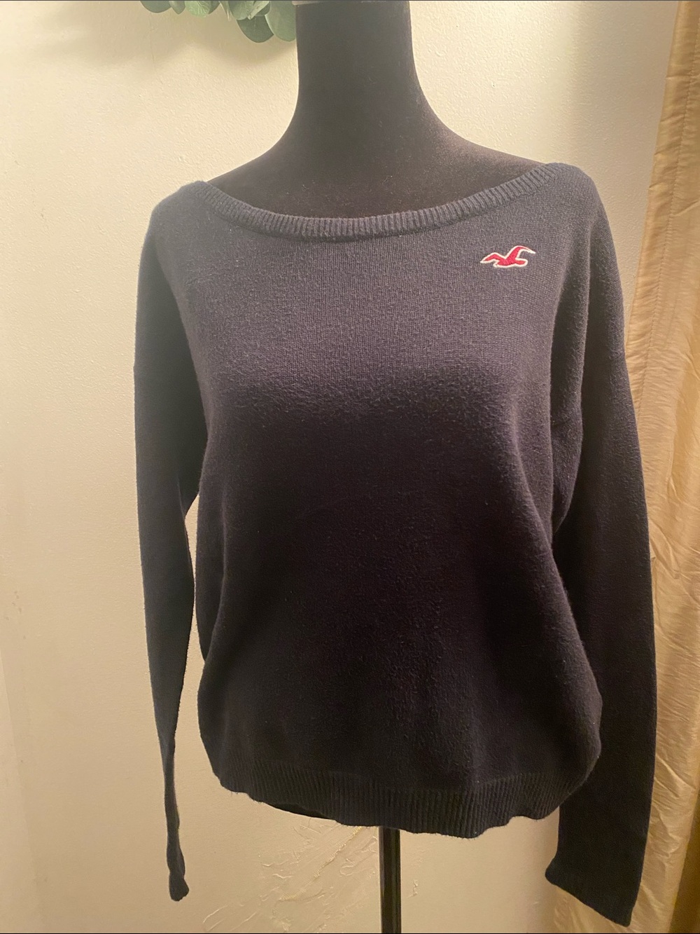 Hollister Off-the-Shoulder Navy Sweater with Red Logo